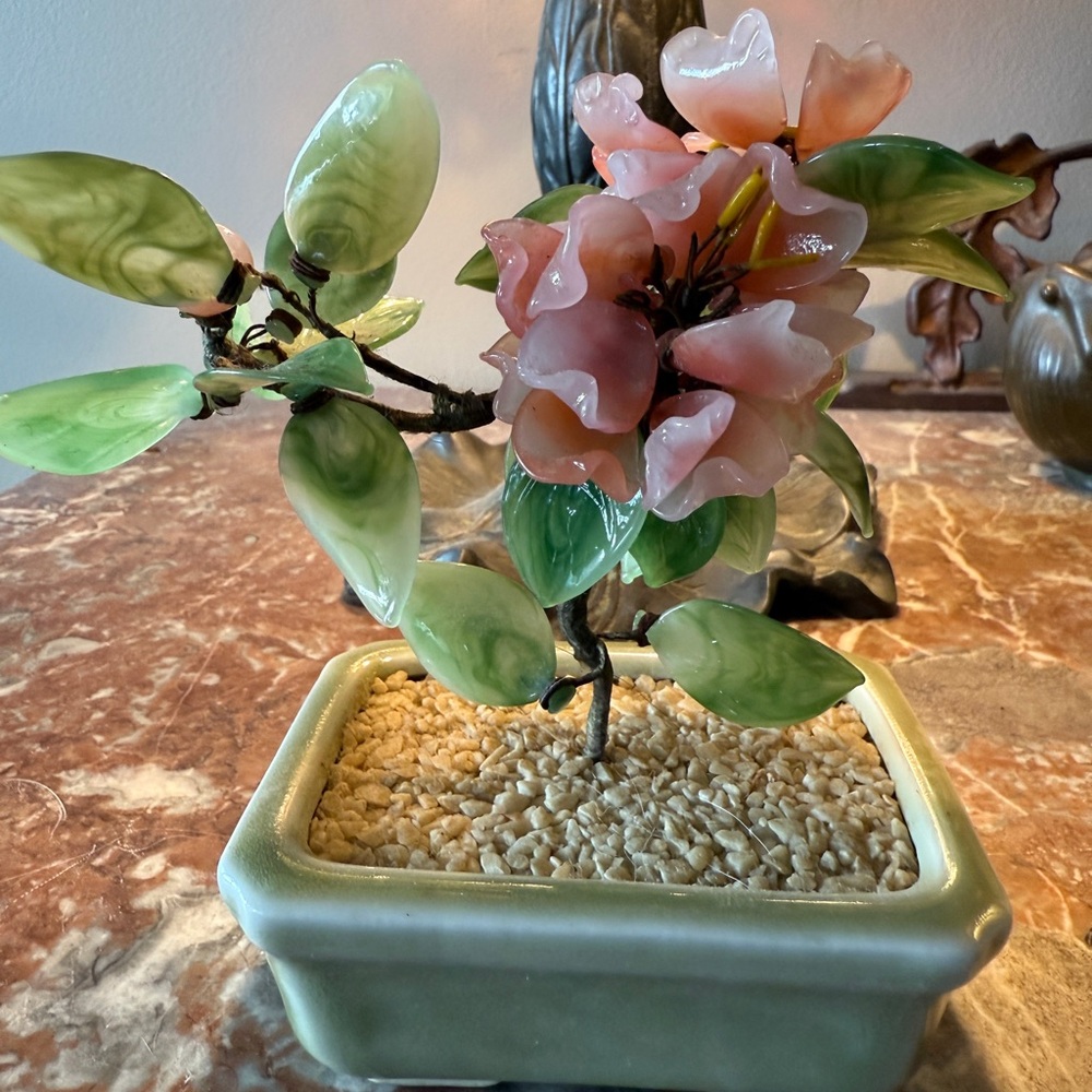 Beautiful Vintage Jade Glass Bonsai Floral Arrangement in Ceramic Pot